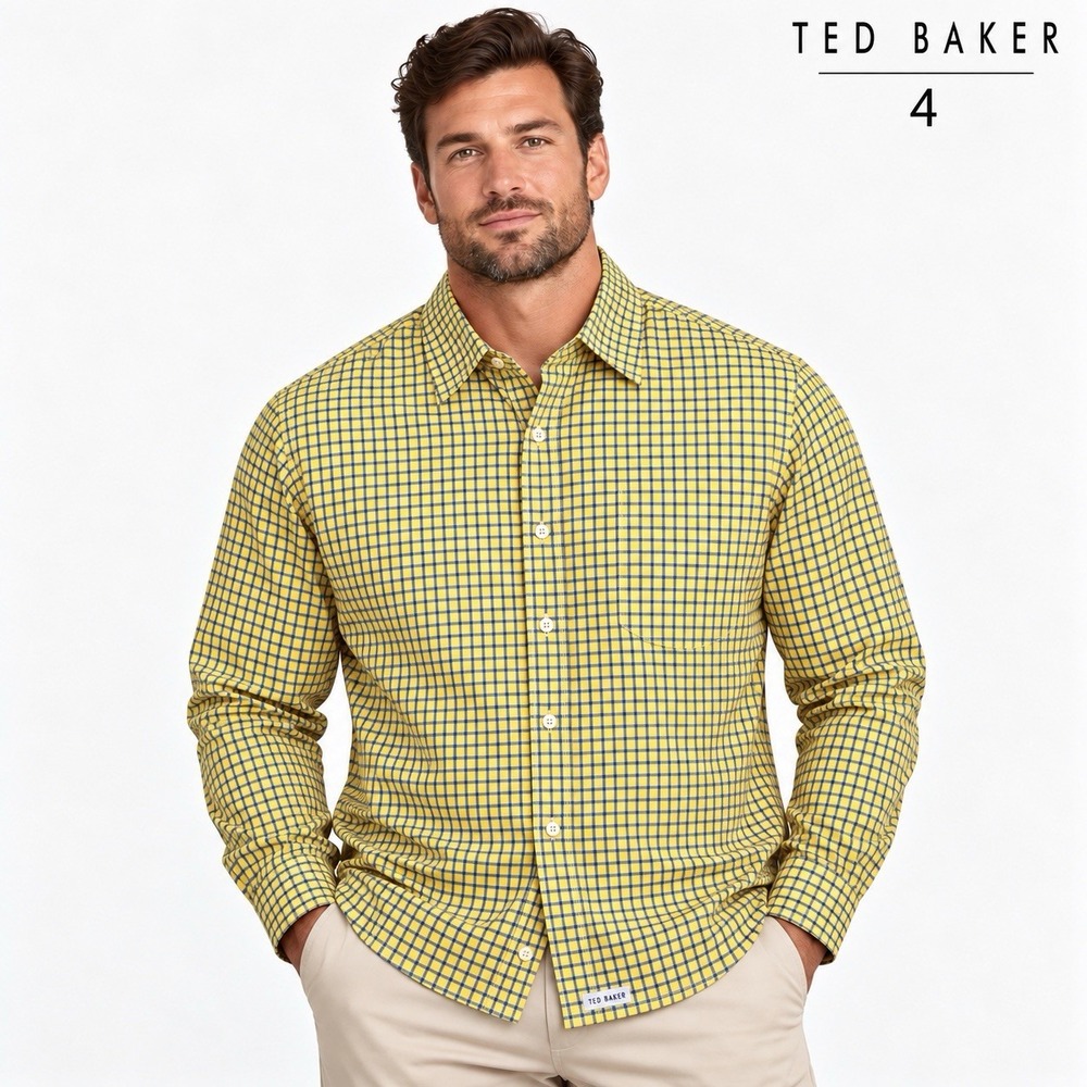 Vintage Ted Baker Shirt Specialist London Mens 4 Yellow Blue Check Button Up XL - Picture 2 of 16